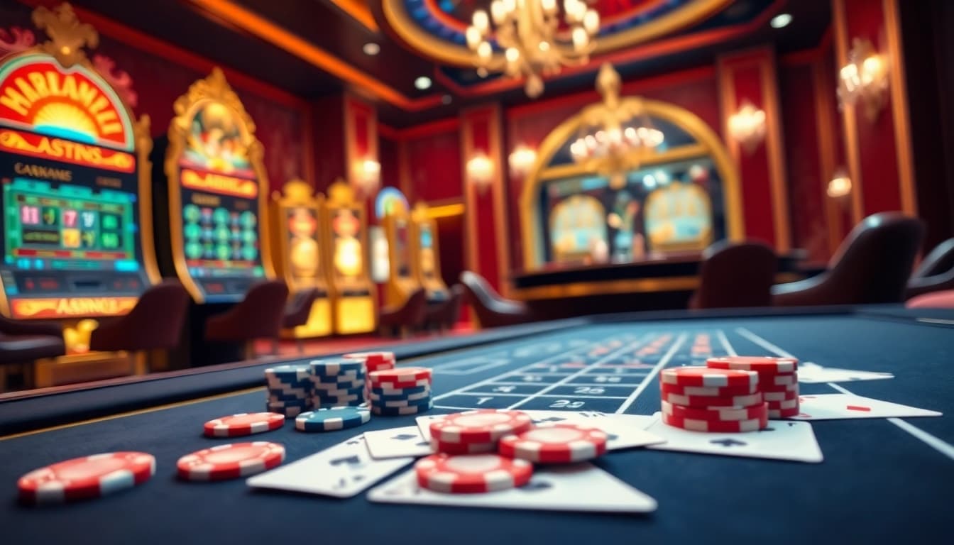 Moment excitant dans un casino en ligne Français, présentant des tables de jeu glamour et des jetons de poker.