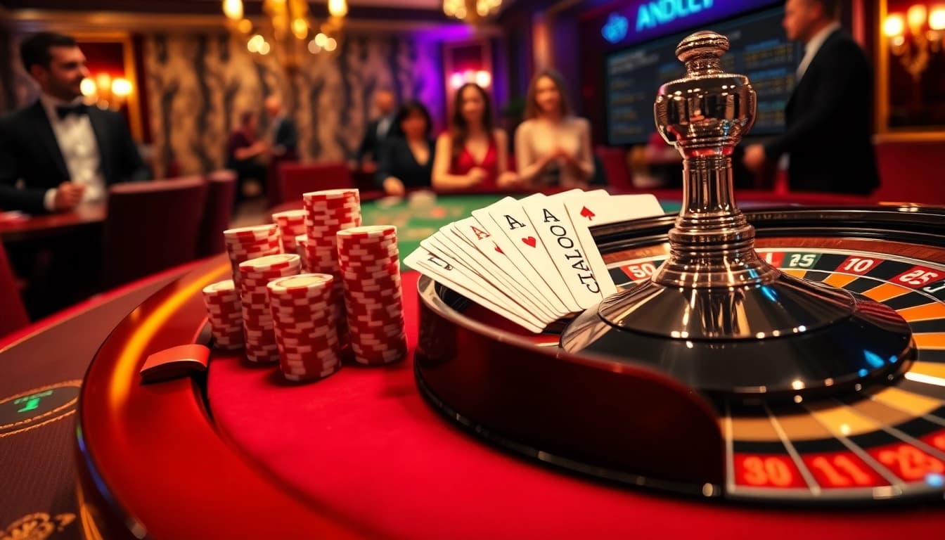 Une expérience de casino en ligne fiable palpitante avec des jetons de poker vibrants et une roue de roulette.