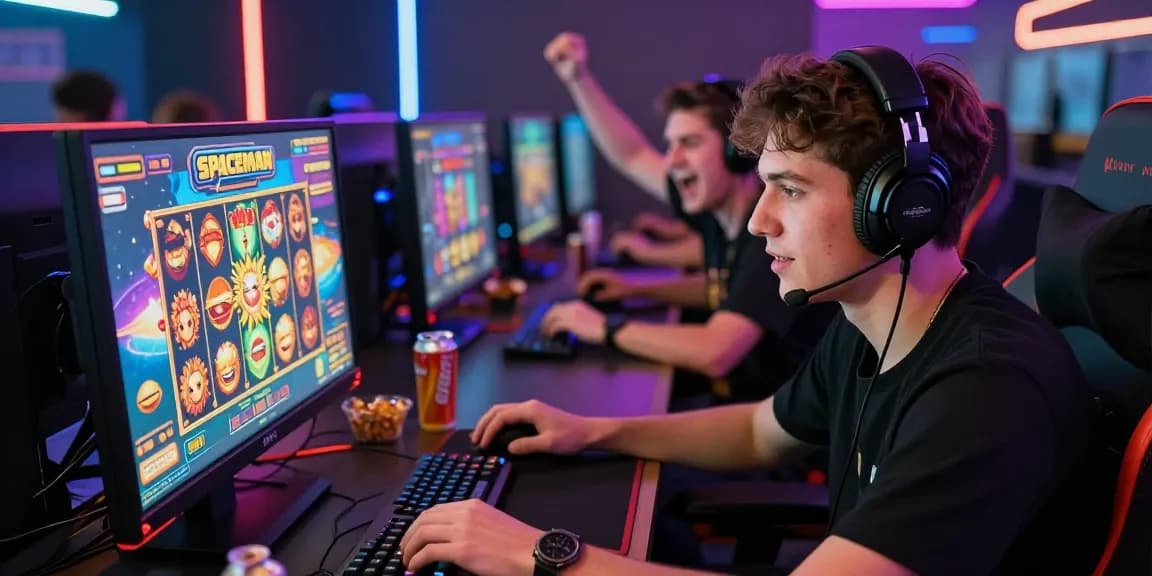Excited players enjoying the Spaceman slot game in a vibrant gaming environment, showcasing thrilling online gambling experience.