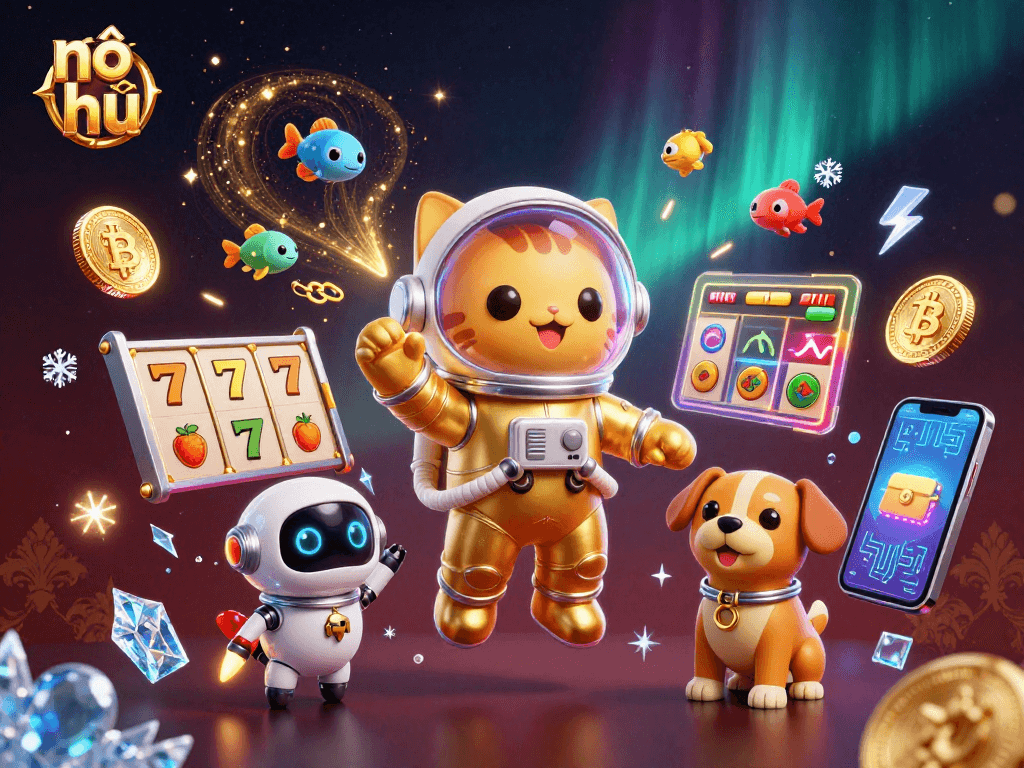 Nổ hũ gameplay illustration with vibrant characters and jackpot elements, showcasing the thrill of big wins