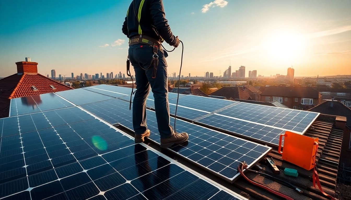 Installers performing Solar Panel Installation Nottingham with clear blue skies in the background.