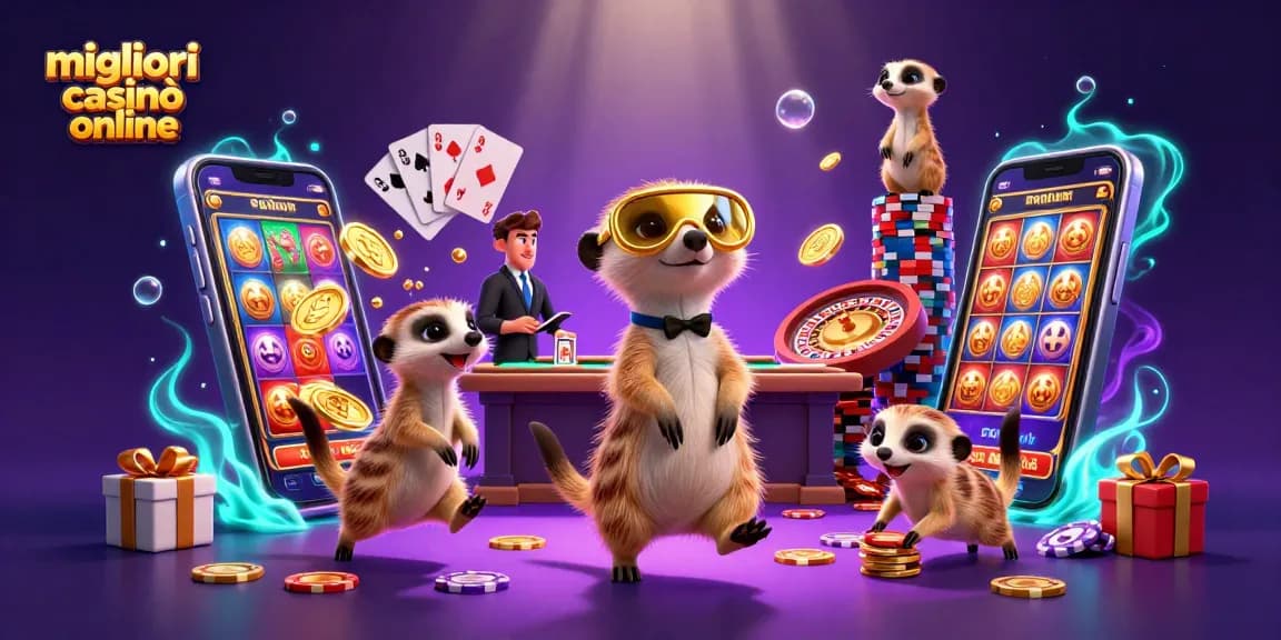 Scopri i migliori casinò online con un’illustrazione 3D di un casinò operato da suricati.