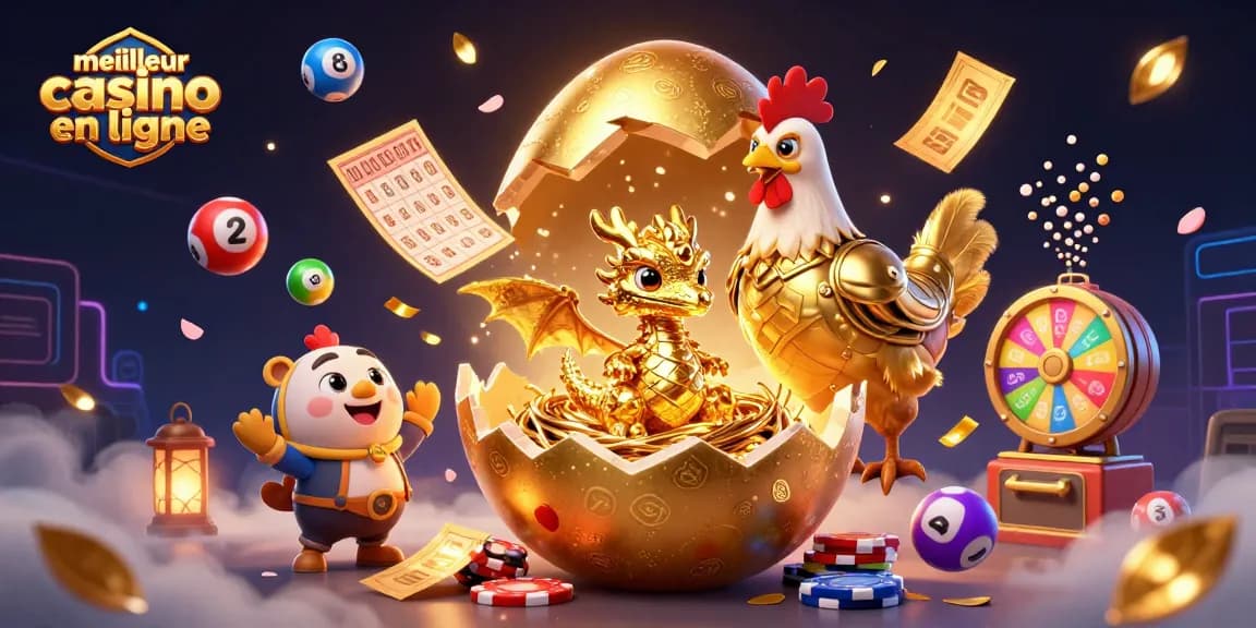 Découvrez le meilleur casino en ligne avec un dragon en or, des jetons et des ballons colorés.
