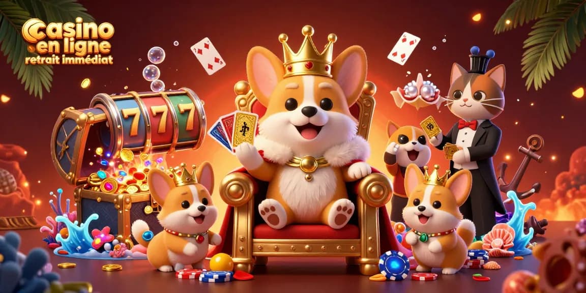 Jouez au casino en ligne retrait immédiat sur une scène colorée avec un corgi royal et des éléments de jeu captivants.