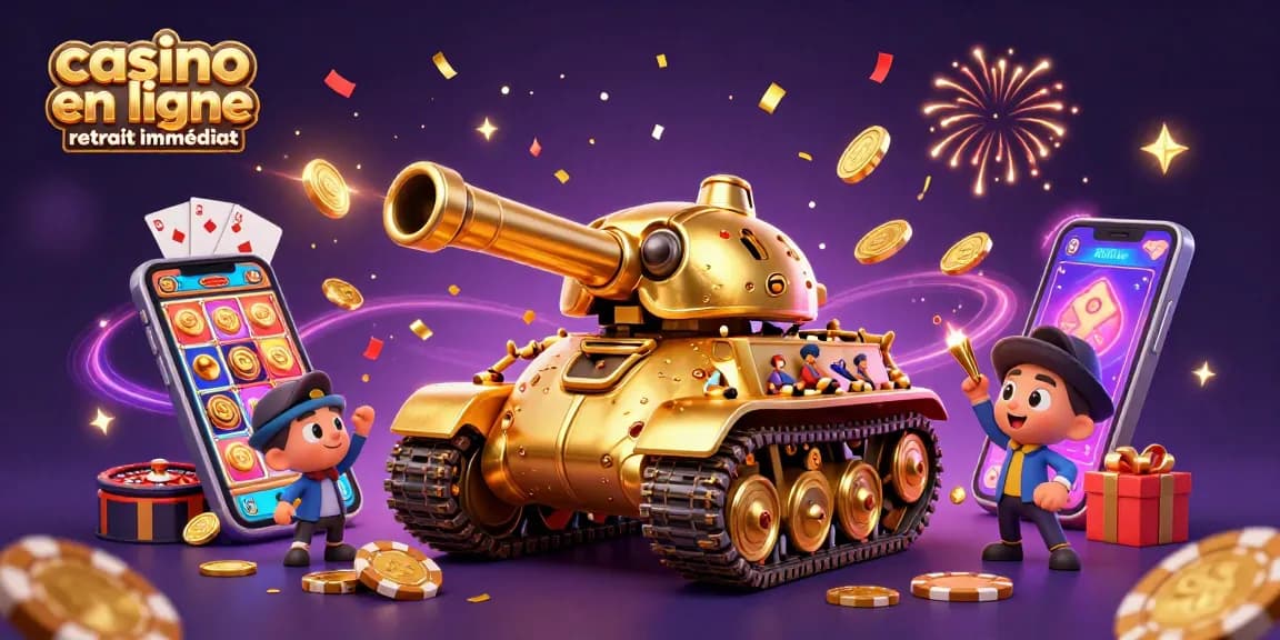 Casino en ligne retrait immédiat avec un tank doré dévoilant un casino miniature animé.