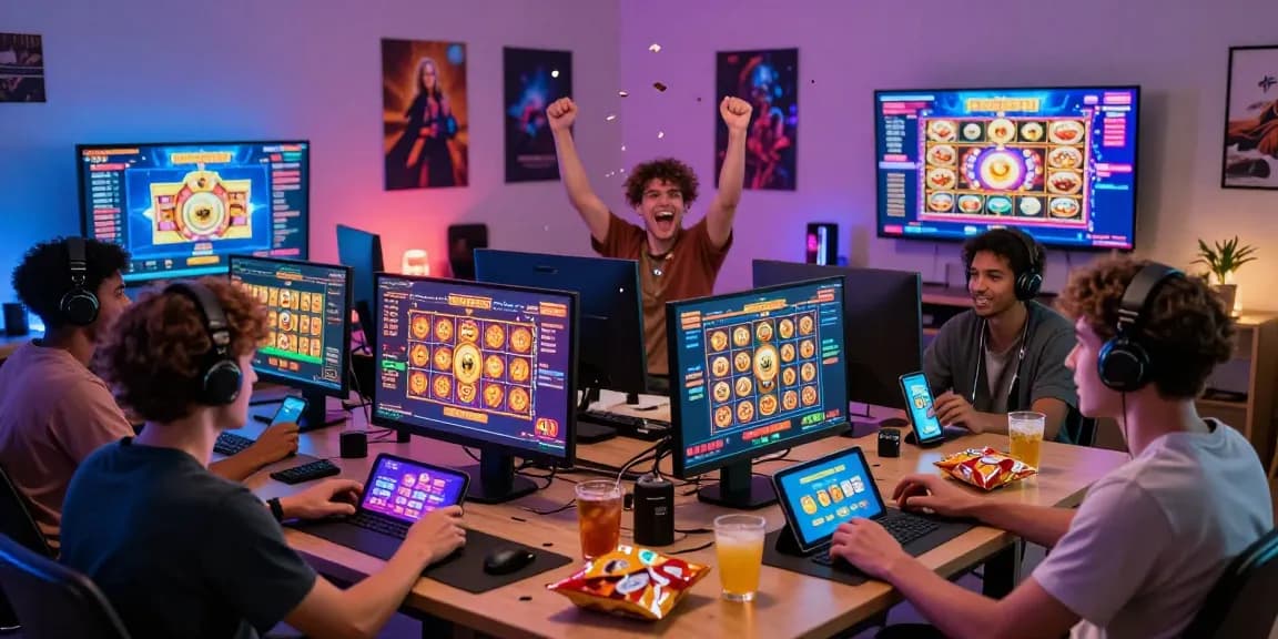 Engaged players celebrating a jackpot win at slot depo 1000 online gaming setup, showcasing lively atmosphere and modern tech.