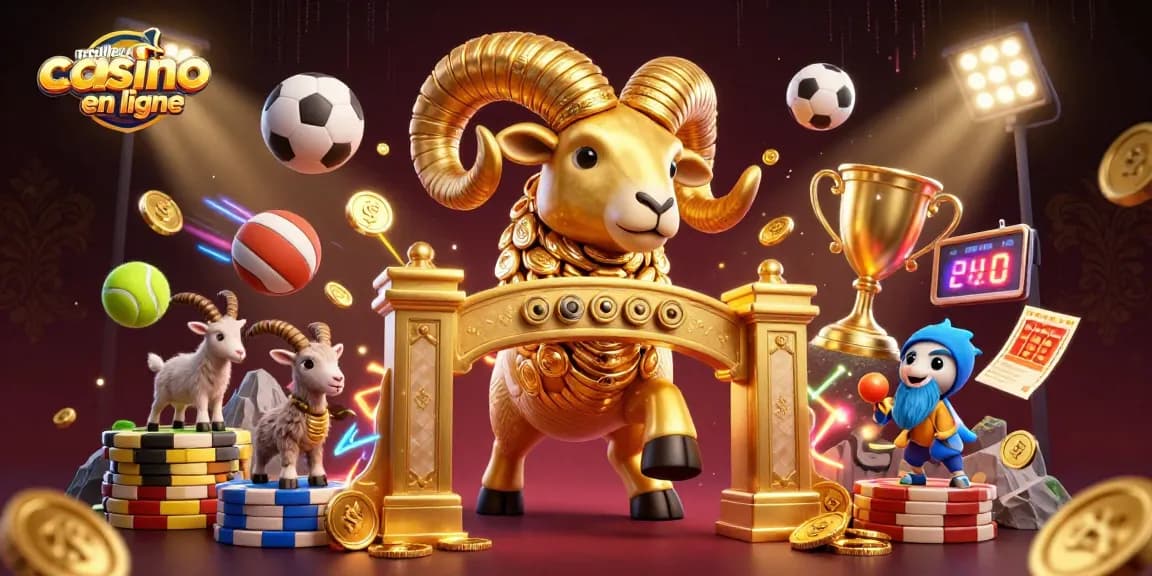 Illustration dynamique de "meilleur casino en ligne" avec un bélier doré chargeant, des éléments de jeu éparpillés autour.