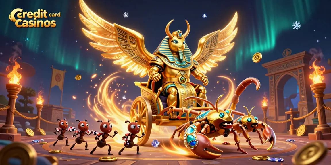 Win big at credit card casinos with a 3D scene of a colossal scarab and scorpions