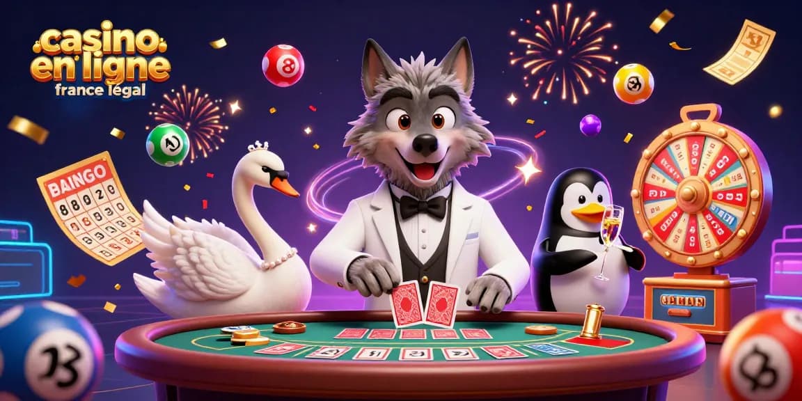 Jouez au casino en ligne France légal avec des personnages animés lors d'une excitante partie de baccarat, entourés d'éléments festifs.