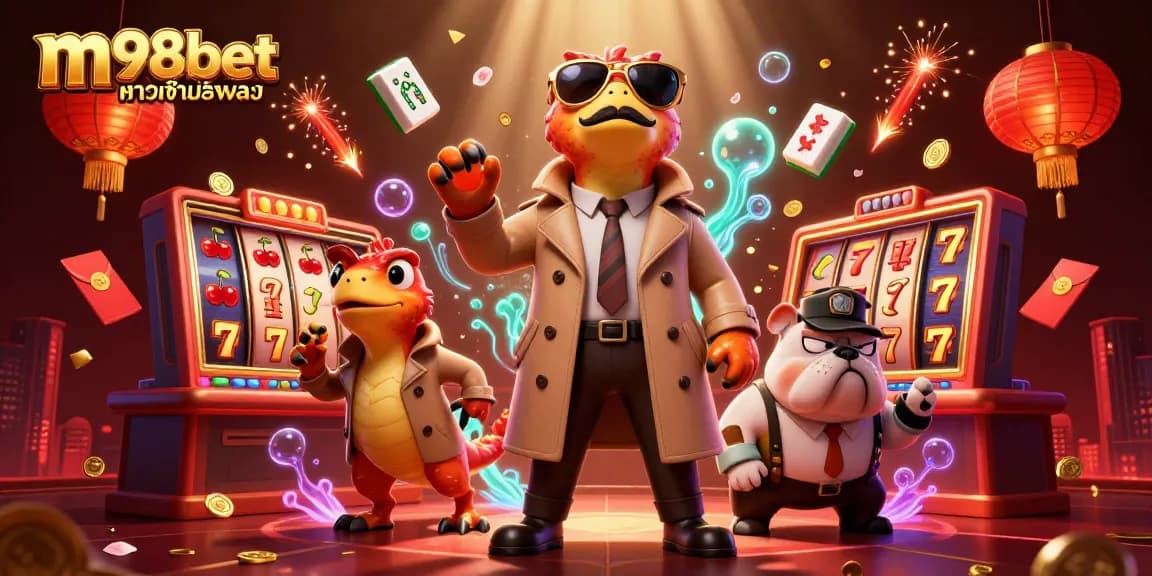 Experience the thrill of m98bet ทางเข้ามือถือ with cartoon raptors and vibrant casino elements.