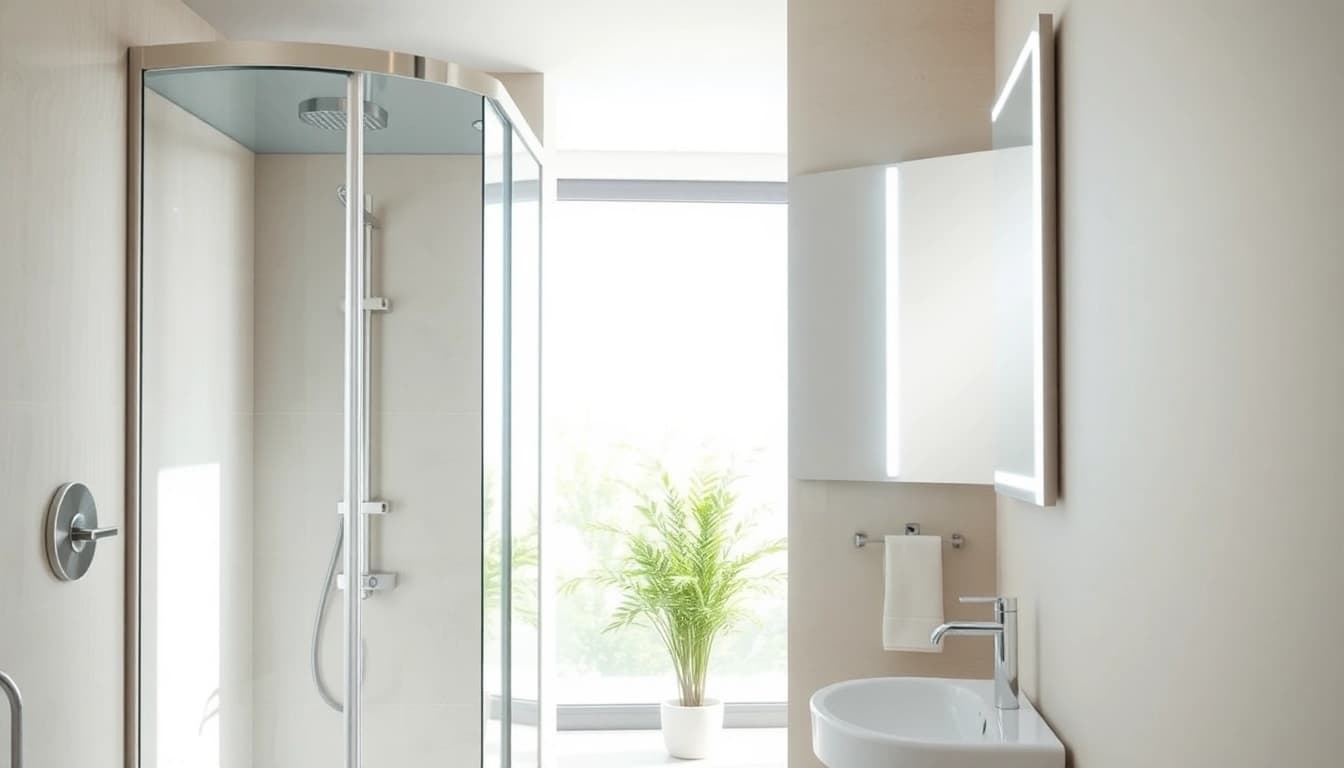 Admiring the elegant sirhona France shower cabin and LED mirror in a modern bathroom.