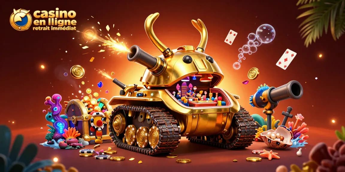 Jouez au casino en ligne retrait immédiat avec un tank doré et un casino miniature rempli de pièces d'or.