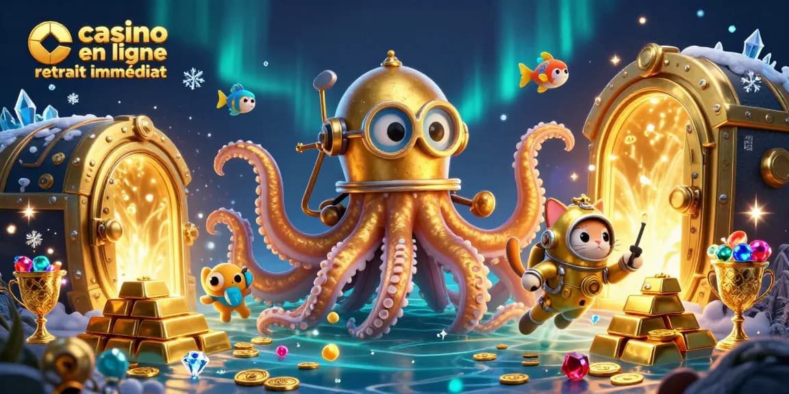 Illustration captivante d'un kraken doré et d'un chat plongeur illustrant le thème casino en ligne retrait immédiat.