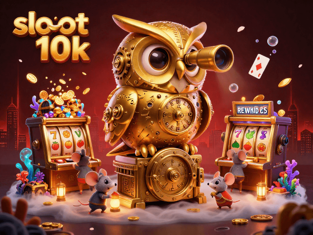 Engage with slot 10k gameplay featuring a clockwork owl overseeing slot machines amidst vibrant casino elements.