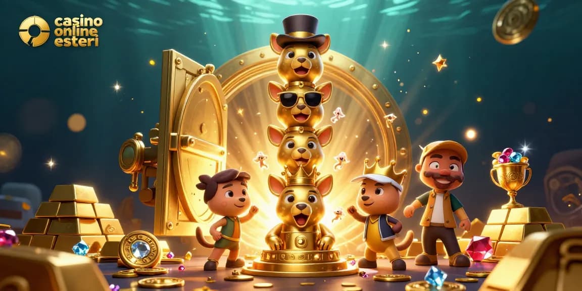 Illustrazione 3D di un totem dorato con animali e accessori dei casino online esteri, circondato da tesori.