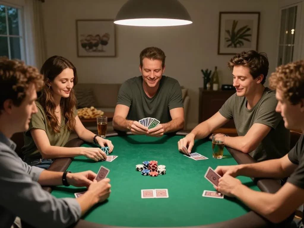 Play poker game with friends in a cozy home setup while using sunwinapk app.
