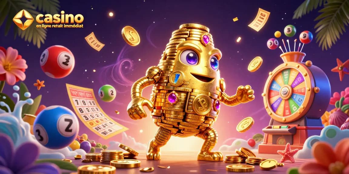 Illustration dynamique représentant un golem en or pour le casino en ligne retrait immédiat, entouré de billets de loterie colorés.
