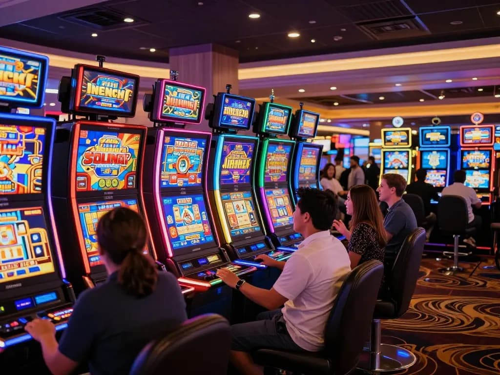 Engaged players experiencing slot gacor gameplay at a vibrant casino with colorful machines.