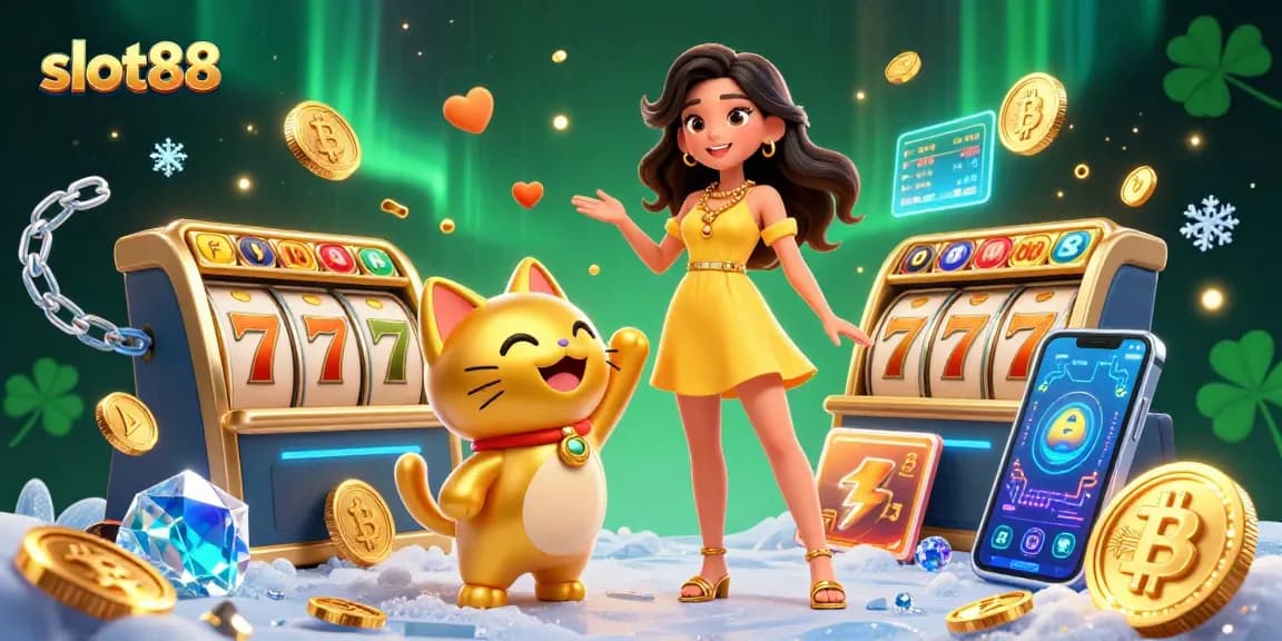 Experience the thrill of slot88 with a beautiful woman and a lucky cat among vibrant casino elements.