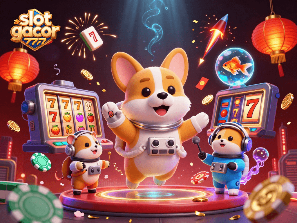 Experience the excitement of slot gacor 777 with a playful scene of a floating corgi and immersive casino elements.