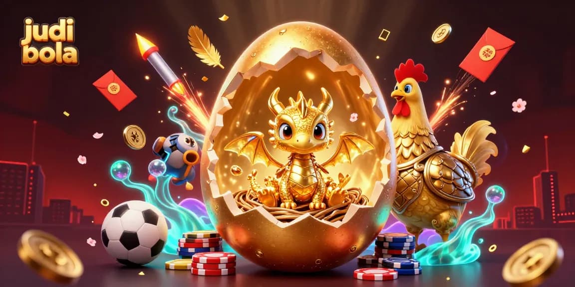 Engage in judi bola with a dynamic 3D scene showcasing sports elements and a golden dragon.