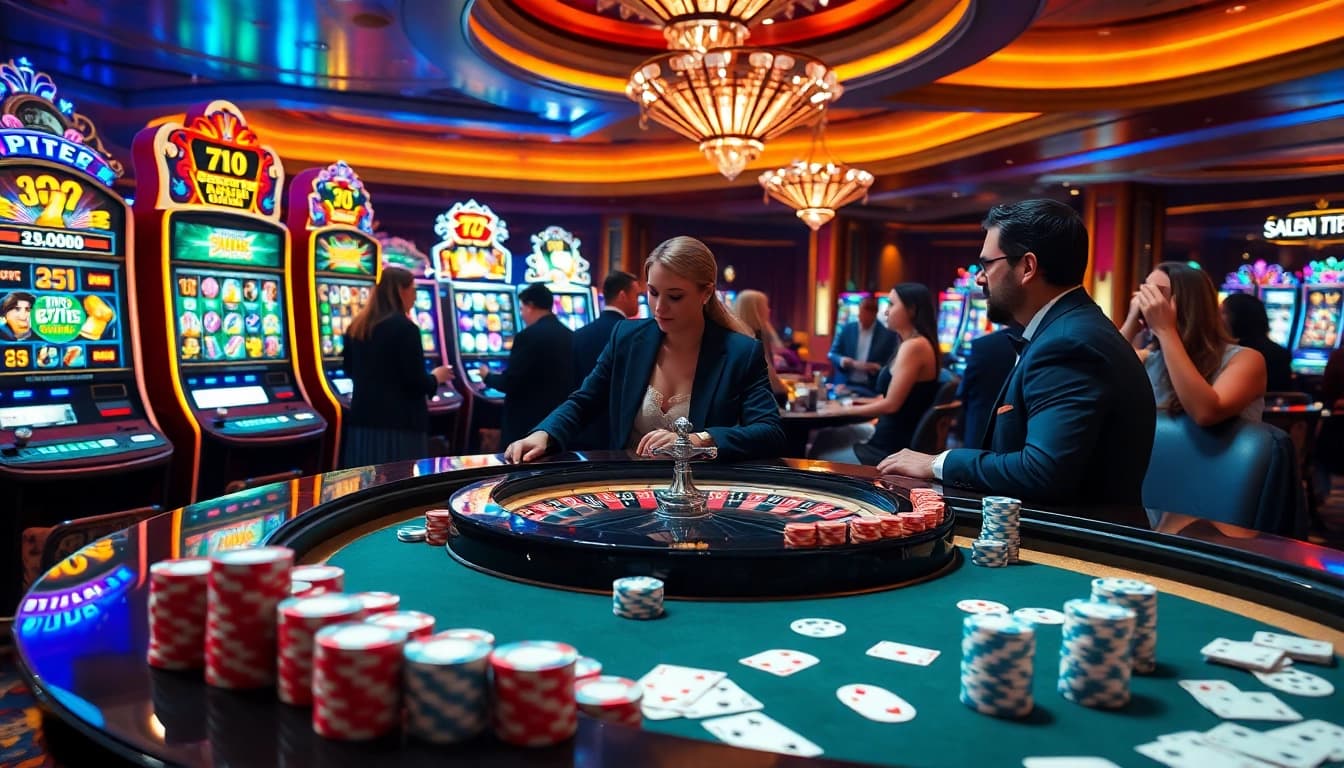Engaging players enjoying the seven 77 slot login experience in a bustling casino atmosphere.