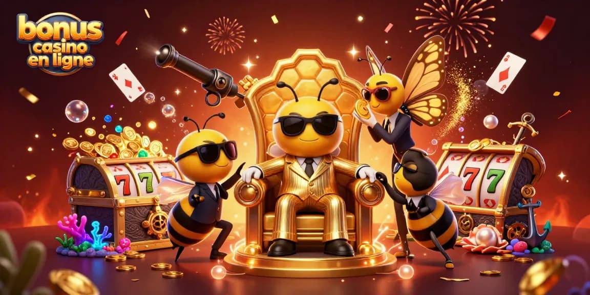 Bonus casino en ligne : scène dynamique d'un boss de ruche avec des gardes et des jeux d'argent