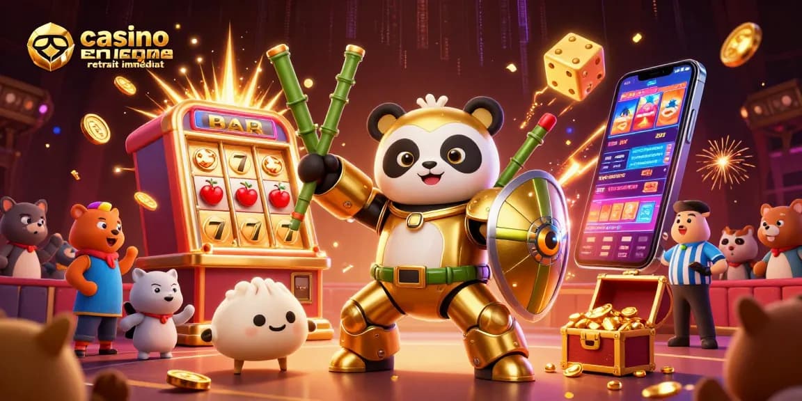 Vivez l'excitation du casino en ligne retrait immédiat avec un panda doré en mech dans une scène animée.