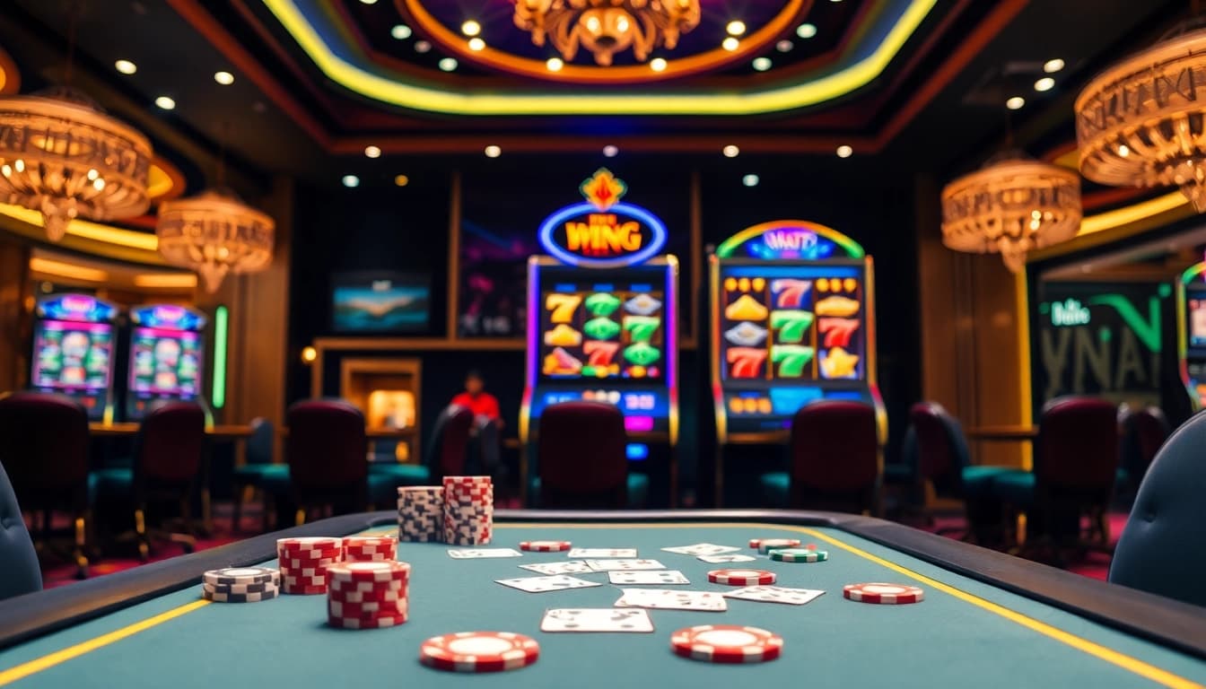 Engage with PG Soft games at a vibrant casino table featuring poker chips and a slot machine.