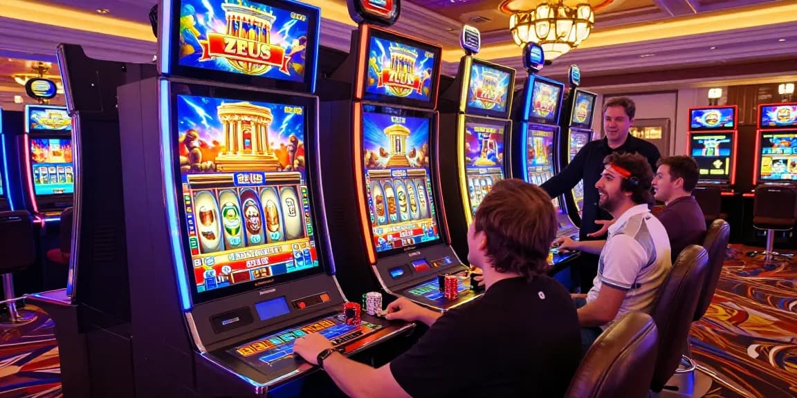 Player enjoying zeus slot game in lively casino, vibrant atmosphere.