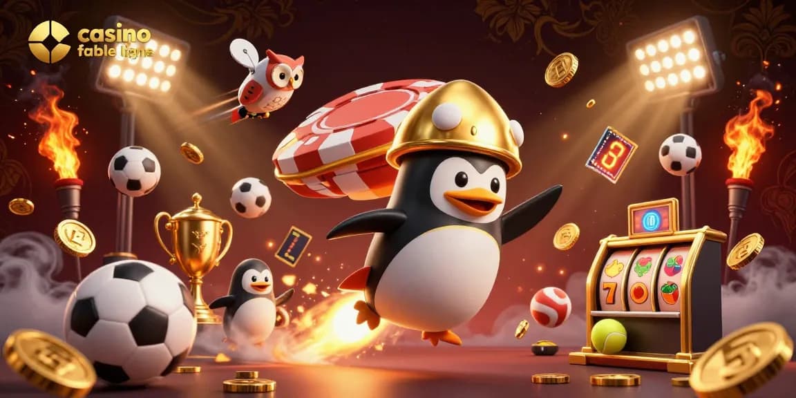 Visualisez un casino fiable en ligne avec un pingouin doré propulsé par une fusée, des pièces d'or et des éléments de jeu.