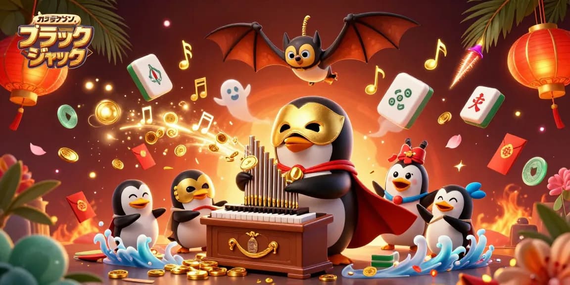 オンラインカジノブラックジャックでゴールデンコインを放つオルガンを演奏するペンギンのイラスト