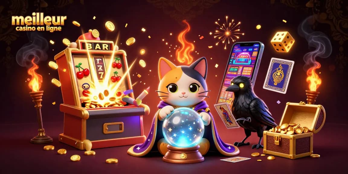 Illustration d'un meilleur casino en ligne avec un chat mystique, un corbeau et des éléments de jeux de casino.
