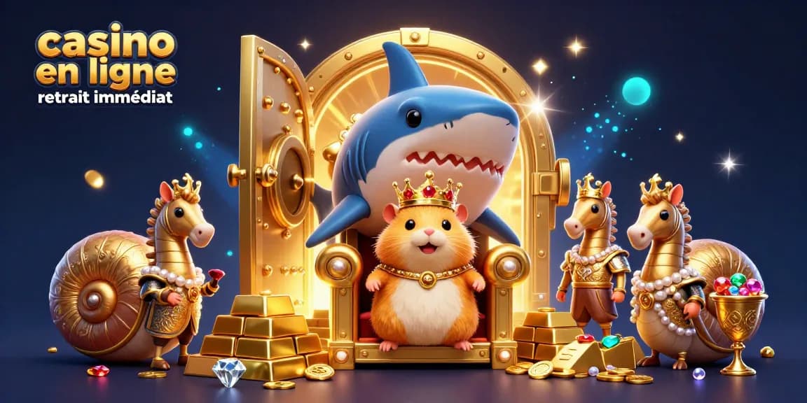 Illustration vibrante présentant un roi hamster doré sur un trône, représentant les avantages du casino en ligne retrait immédiat.