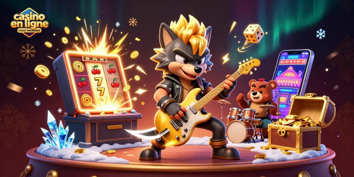 Vivez l'excitation du casino en ligne retrait immédiat avec une illustration dynamique de jeux et de personnages animés.