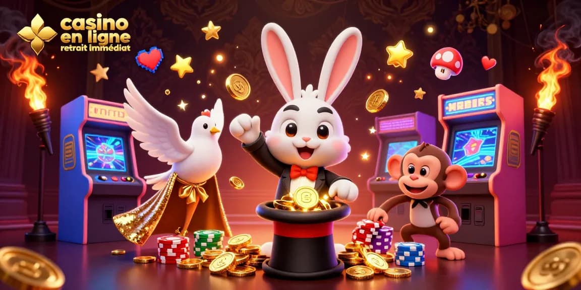 Profitez du casino en ligne retrait immédiat avec un magicien, une colombe et un singe dans une scène vibrant.