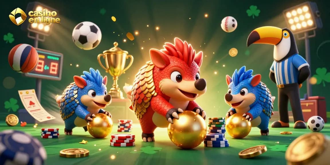 Illustration dynamique sur un casino en ligne retrait immédiat avec des pangolins, des pièces d'or et des confettis dorés.