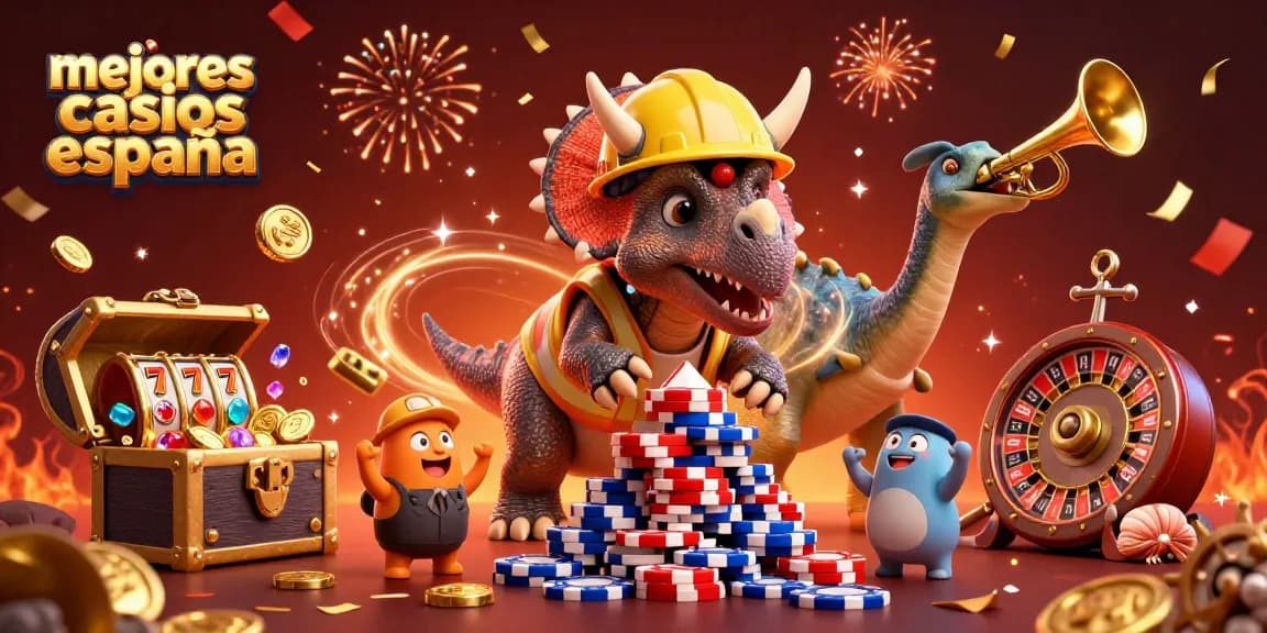 Mejores casinos España: triceratops celebra creando un casino vibrante con fichas de póker.