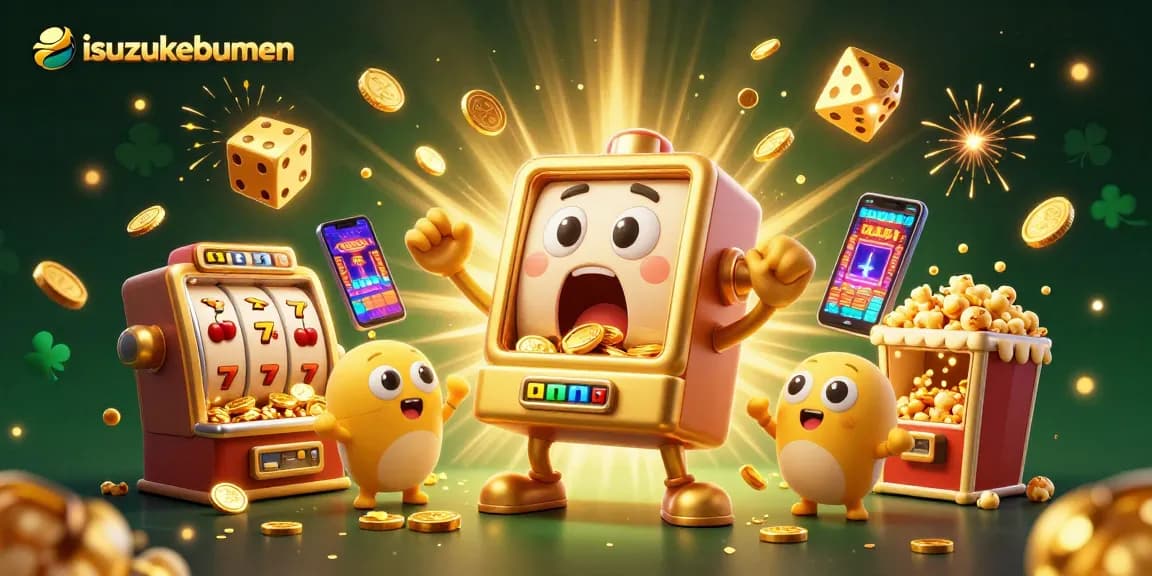 Spin to win with isuzukebumen's vibrant slot machines showering coins in a lively casino scene.