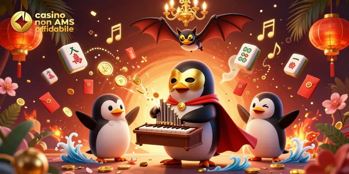Immagine di un casino non AAMS affidabile con un pinguino che suona un organo che spara monete d'oro.