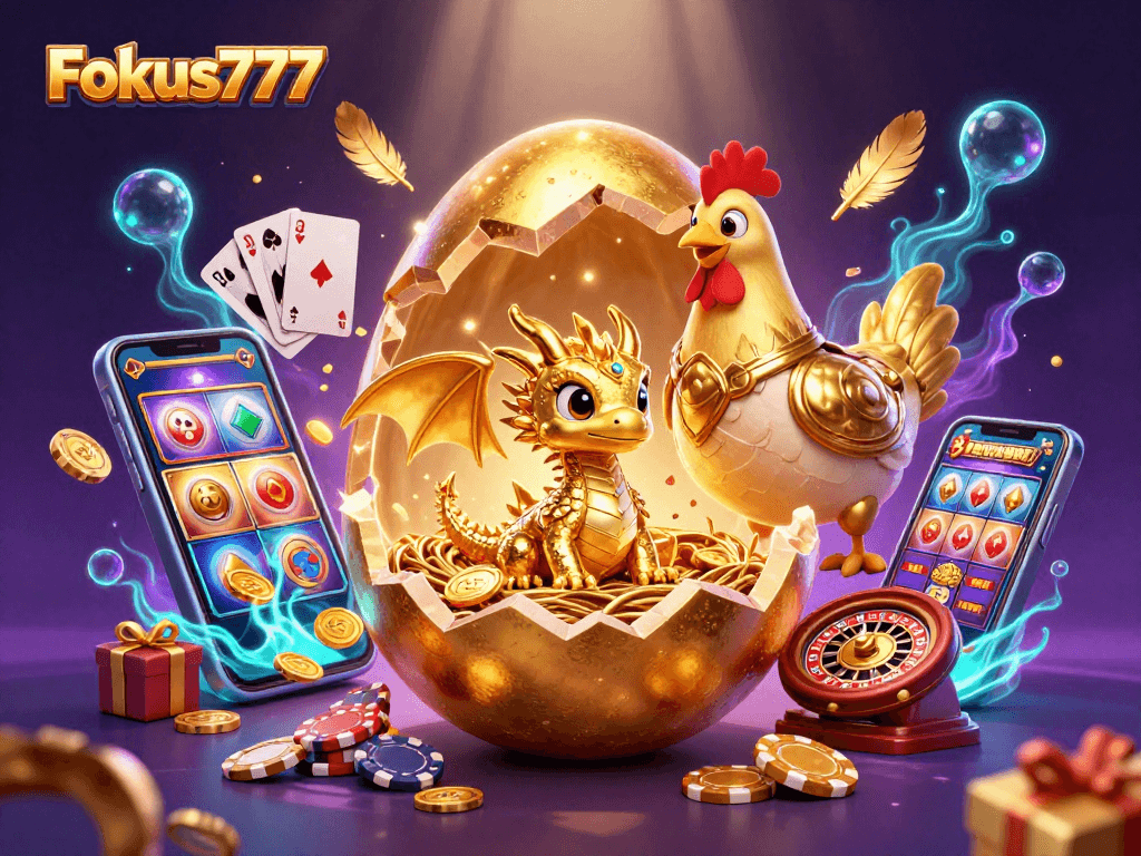 Experience thrilling wins at Fokus777 with golden dragon and poker chips in an exciting gaming scene.