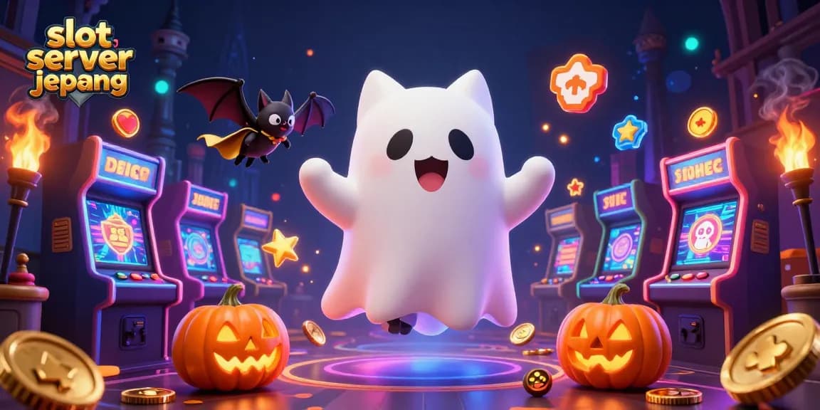 Play exciting games on slot server jepang with a friendly ghost cat and glowing arcade elements