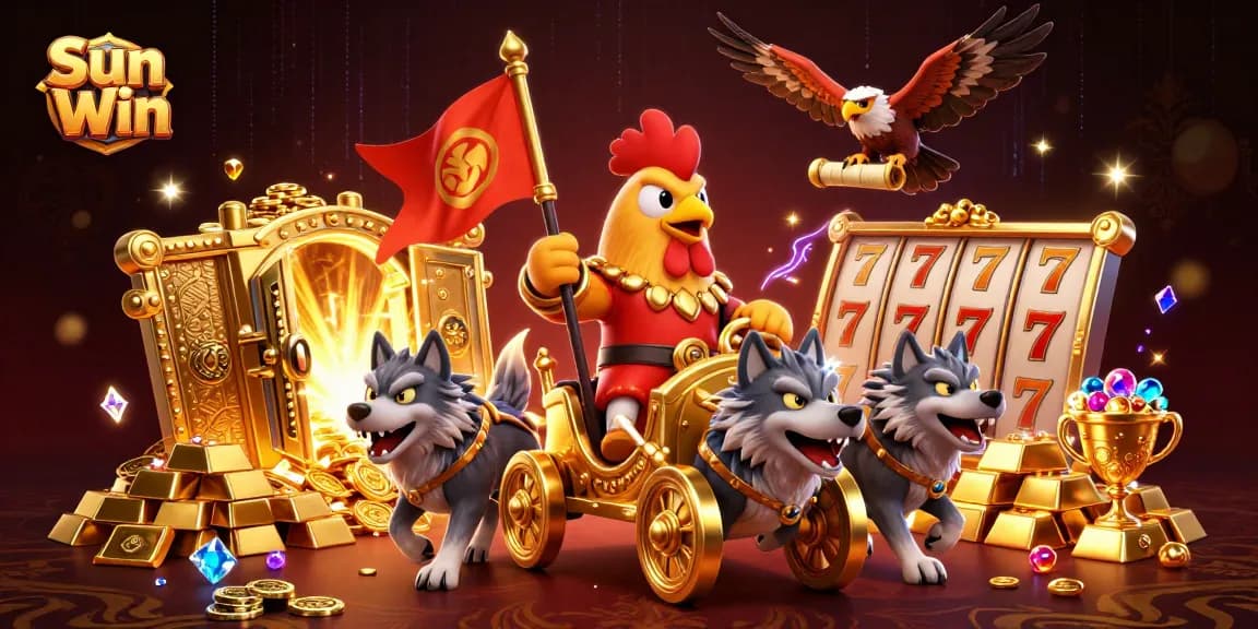 Experience the excitement at Sun Win Casino with a dynamic scene of a rooster warlord and treasure.
