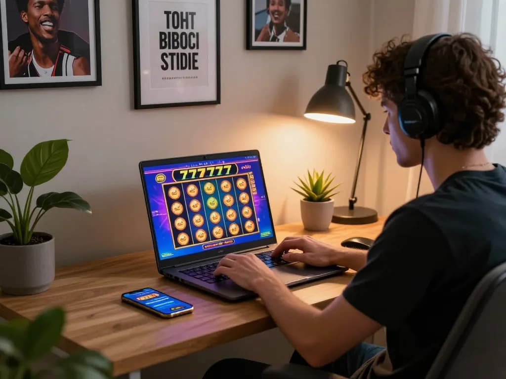 Engaged player enjoying slot777 on laptop in stylish home office atmosphere.