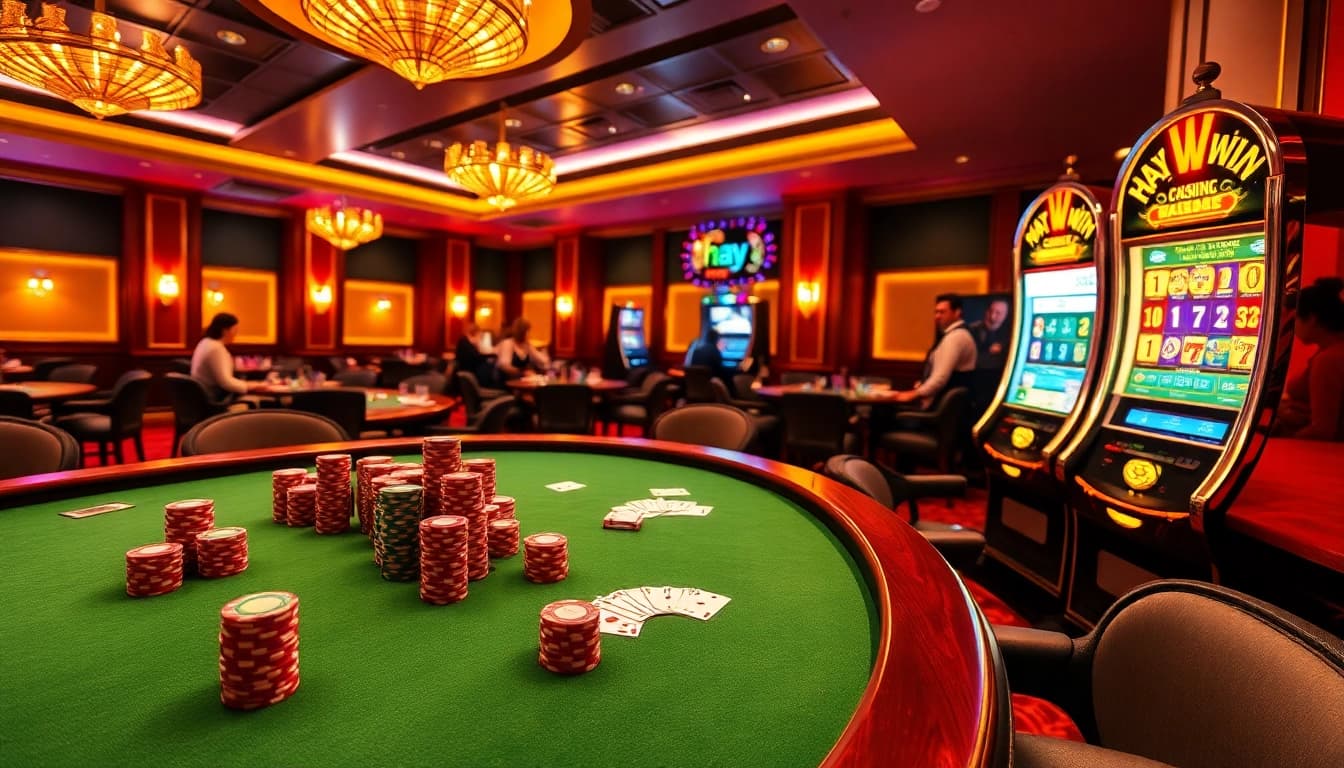 Experience the thrill of hay.win with vibrant casino gameplay featuring poker chips, cards, and slot machines.
