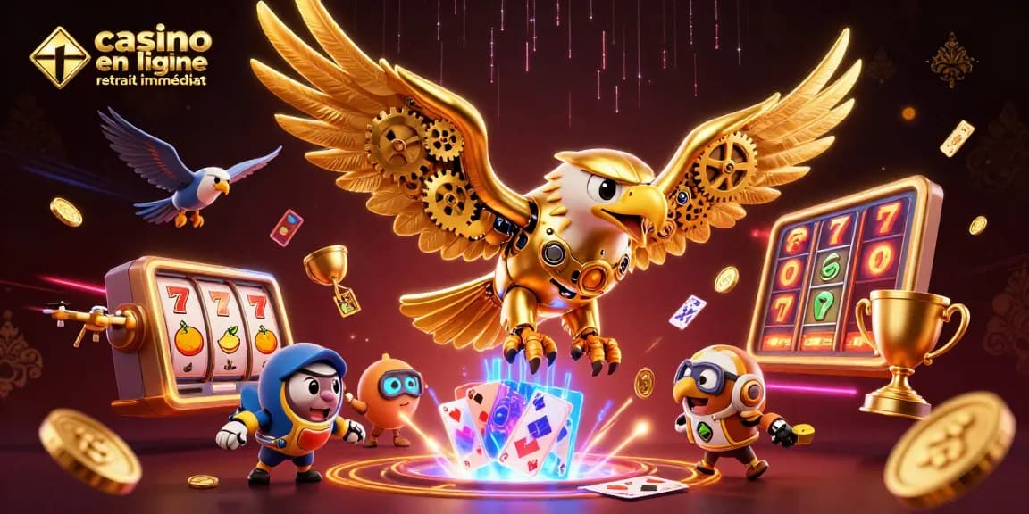 Détail d'une illustration montrant le jeu au casino en ligne retrait immédiat avec une aigle cybernétique et des éléments de jeu.