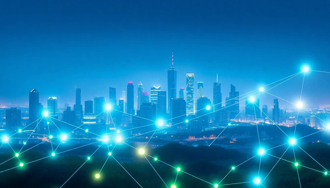 EORMC AI blockchain development visualization with interconnected nodes and vibrant technology backdrop.