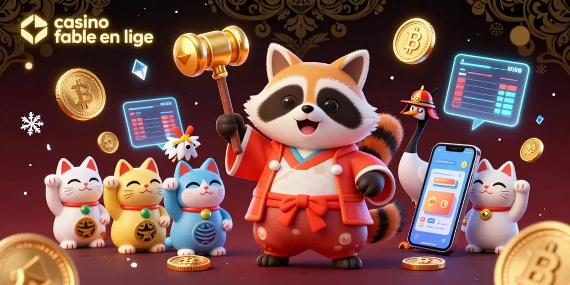 Illustration animée représentant un tanuki joyeux portant un costume traditionnel, illustrant le casino fiable en ligne avec des éléments Bitcoin.