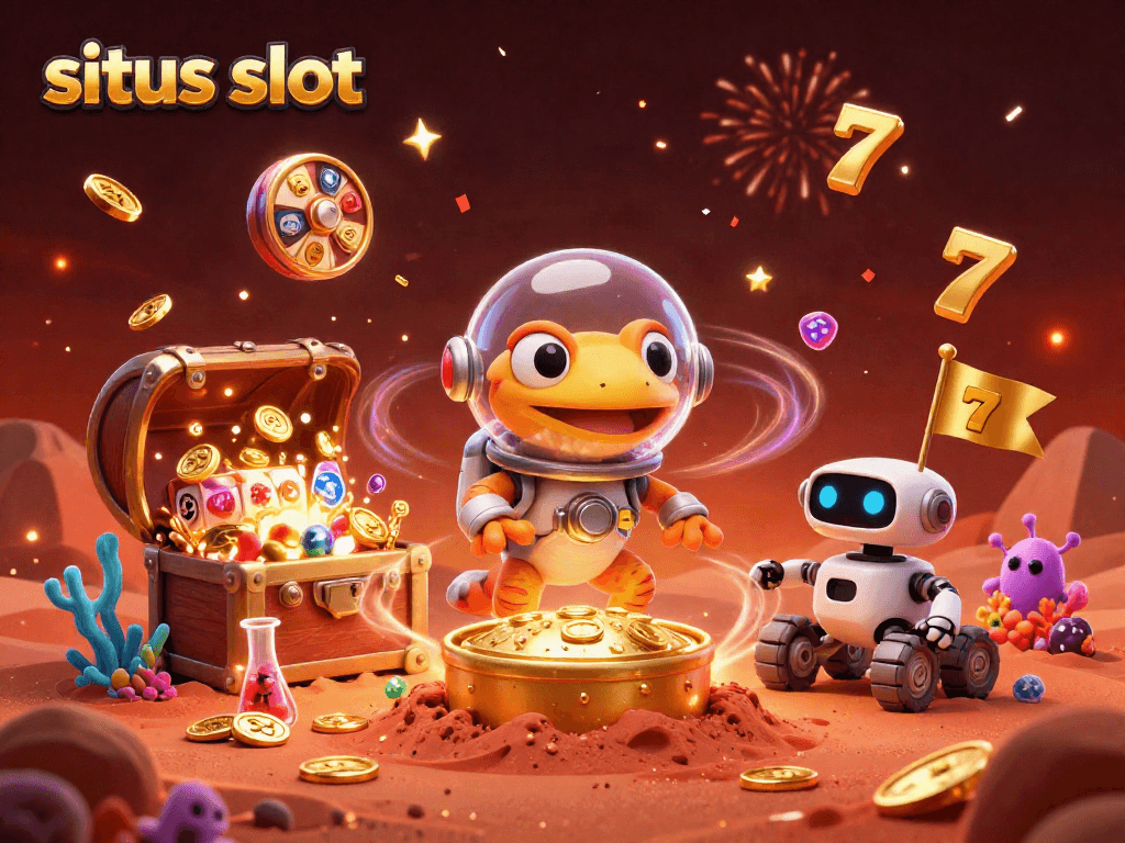 Engage in exciting situs slot adventures with a Martian gecko discovering a golden casino.