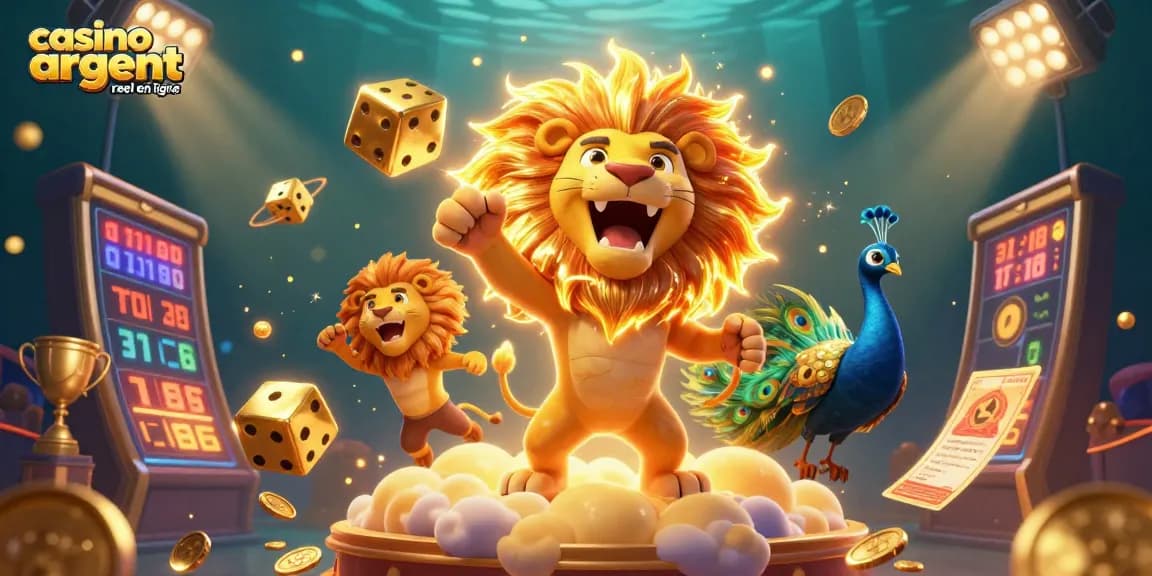 Découvrez le casino argent réel en ligne avec des jackpots et des éléments de jeux scintillants dans une illustration dynamique.